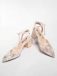 新款中国风白色高跟穆勒鞋，尖头蕾丝刺绣套脚凉鞋，女士款 - 米色 - 查看 6