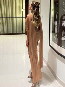 Women's Fashion Semi-Turtleneck Double-Layer Spliced Mesh Streamer Hip-Hugging Hot Girl Dress Nude Draped Sash Mini Dress - Luxury Sleeveless Ruched Bodycon Gown For Banquet & Date - 卡其色 - 查看 2