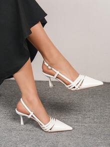 1 Pair Women's Fashion Versatile Kitten Heel Pointed Toe Ankle Strap Elegant Pumps, Comfortable Formal Office Wear High Heels - White - View 1
