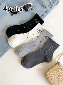 1/4 Pair Women Polka Dot Bow Mid-Calf Socks - Soft Comfortable Casual Socks, Suitable For Daily Wear, Spring/Summer, College Style - Multicolor - View 7