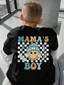 男童字母卡通图案圆领短袖休闲T恤 - 黑色 - 查看 1