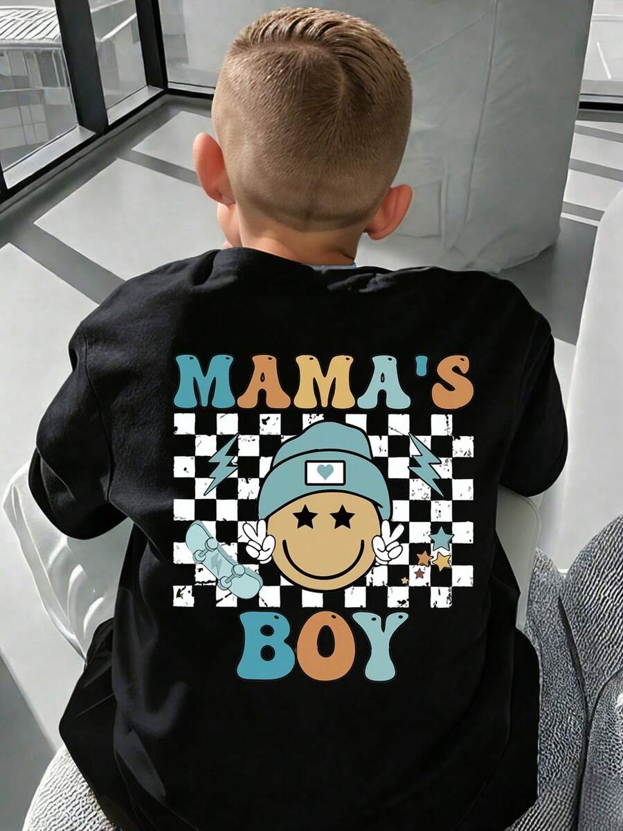 男童字母卡通图案圆领短袖休闲T恤 - 黑色 - 查看 1