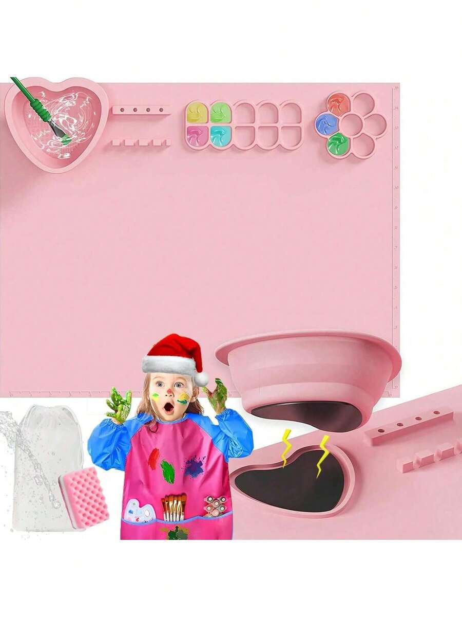 EstiloTendenciaAlfombrilla De Silicona Para Pintura AcríLica Con Taza De Limpieza Desmontable, Paletas, Soportes Para Pinceles,20 * 16 Pulgada Juego Pintura Para NiñOs, Regalo, Pintura, Arcilla (Rosa)Calidad PremiumVersióN Mejorada - Rosa - Ver 1