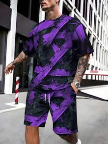 One Pcs Men's Purple-Tone Abstract Texture Short-Sleeve & Beach Pants Set, Pocket Drawstring Design, Loose Fit, Light Casual For Multi-Scenes - 彩色 - 查看 1