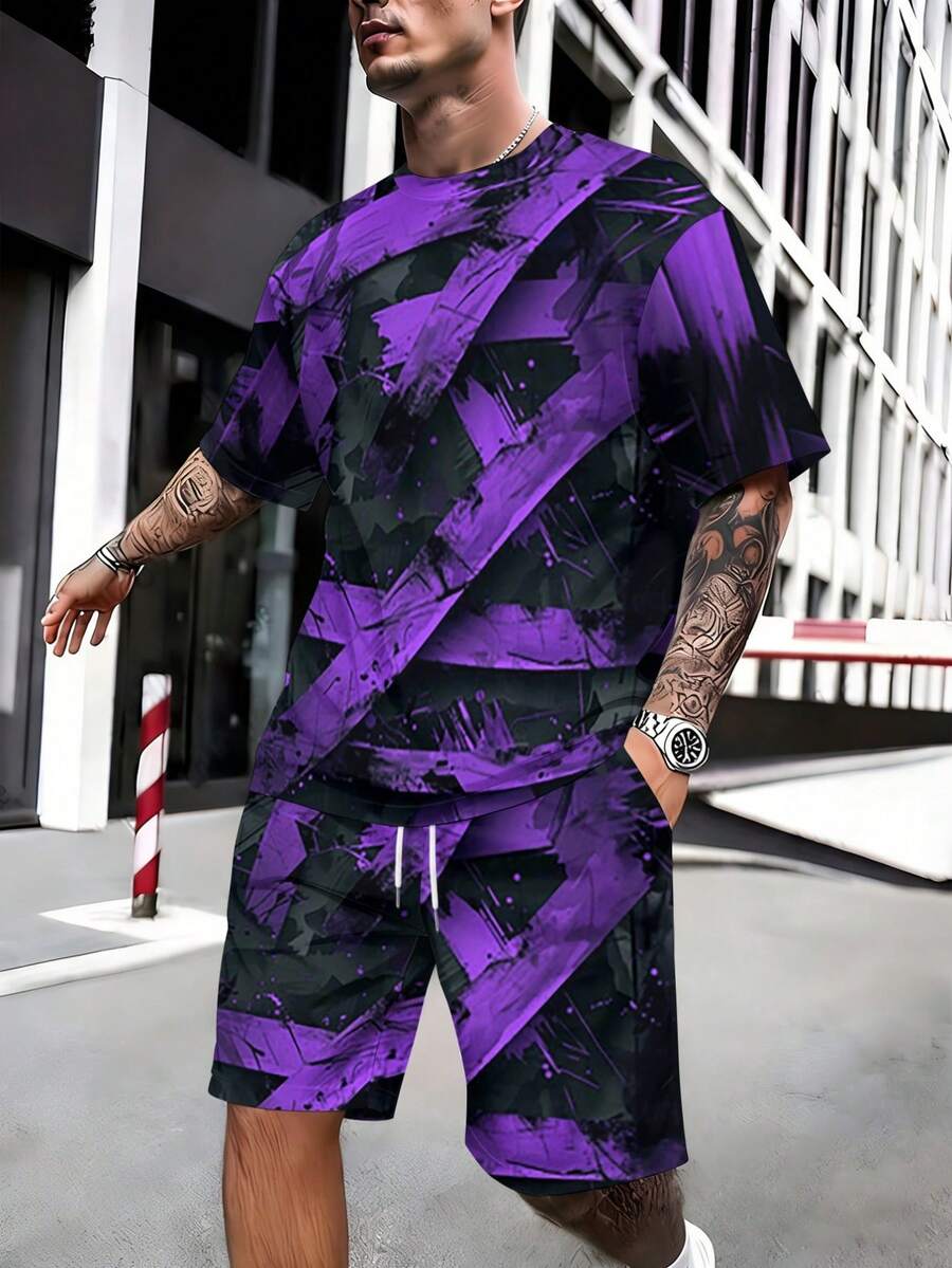 One Pcs Men's Purple-Tone Abstract Texture Short-Sleeve & Beach Pants Set, Pocket Drawstring Design, Loose Fit, Light Casual For Multi-Scenes - 彩色 - 查看 1