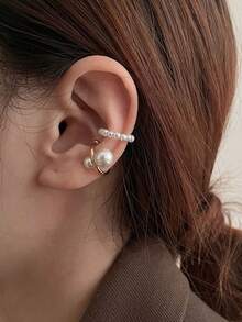 3pcs/Set Vintage Geometric Faux Pearl Clip-On Earrings, Elegant Non-Pierced Ear Cuff Jewelry