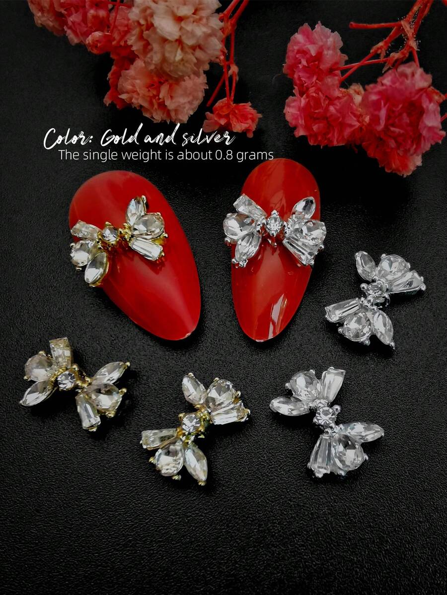 10pcs/Pack 3D Metallic Bowknot Nail Art Decorations, Shiny Gold & Silver Crystal Glass DIY Nail Jewelry Suitable For Girls And Women Nails Nail Supplies - Multicolor - View 1