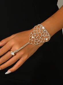 1pc Fashionable Versatile Rhinestone Finger Chain Bracelet, Suitable For Women's Wedding, Party, And Daily Wear - Gold - View 15