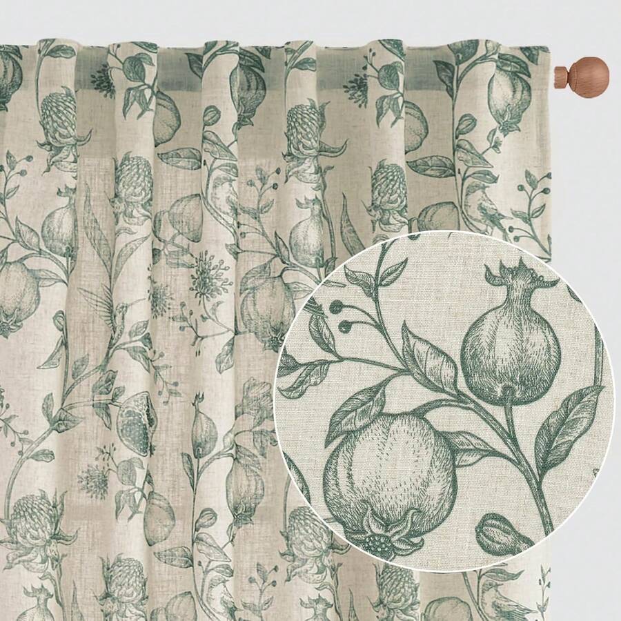 Jinchan Linen Curtains Floral Curtain For Living Room 84 Inch Long Dark Green French Back Tab Light Filtering Toile Print Farmhouse Bedroom Curtains Window Drapes Set 2 Panels - 彩色 - 查看 1