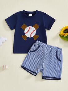 Toddler Baby Boy Summer Outfit Short Sleeve Embroidery Baseball Tops Plaid Shorts Cute Baseball Clothes Set, Toddler Baby Boy Baseball Outfit, Baseball Outfits For Baby Boys, Toddler Game Day Outfit - 海軍藍色 - 查看 7