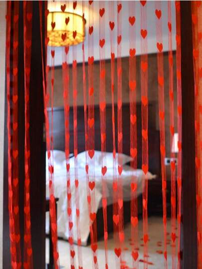 1 st hjärtformad gardin med tofsar och band, lämplig för festfotobakgrund och bröllopsdekoration