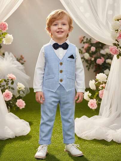 BOARNSEORL 3pcs Young Boys Gentleman Outfit - White Long Sleeve Shirt With Bow Tie, Light Blue Vest And Pants, Fashionable And Handsome, Suitable For Birthday Party, Formal Event, Wedding, Christening