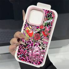 1pcs Pink Leopard Tattoo Roses Skull Heart Phone Case Suitable For Apple Phone 11 12 13 Pro Xs Max XS X 14 15 16 Plus 17ProMax Silicone Shock Proof Vintage Funky Cute Fashion Can Be Given To Friends You Can Give It To Yourself - Hồng - Xem 5