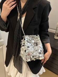 1pc Shiny Lightweight Durable Large Capacity Women's Crossbody Bag, Fashion Versatile Party Bucket Bag, Suitable For Party, Travel, Evening Events - Silver - View 9