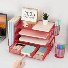 Gianotter Paper Letter Tray Organizer With File Holder, 4-Tier Desk Accessories & Workspace Organizers With Drawer And 2 Pen Holder, Desk Organizers And Accessories For Office Supplies (Red) - 紅色 - 查看 7