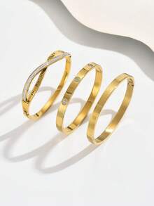 3pcs/1pc Fashion 18K Gold Plated Stainless Steel Four-Leaf Clover Nail Bracelet, Suitable For Women's Party, Daily Wear, European And American Style, Personalized, Generous, Luxury Cubic Zirconia Wristband, Wedding Jewelry Set, Gift For Girls, Women, Relatives, Friends, Beautiful Wedding, Birthday, Valentine's Day - Yellow Gold - View 3