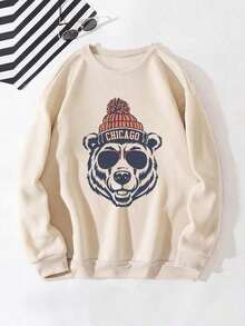 Men's Casual Loose Fit Crew Neck Sweatshirt With Bear Head Graphic Print, Chicago-Inspired DesignLoose And Comfortable,Hoodie,New Years Outfit Women - quả mơ - Xem 4