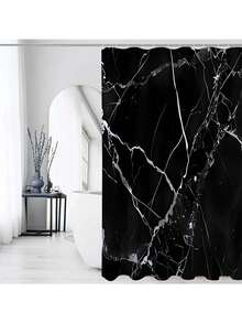 1pc/4pcs Black Marble Texture Pattern Spring Bathroom Set, Bathroom Curtains, Digital Print Polyester Shower Curtain, No Drilling Bathroom Divider Curtain - Multicolor - View 7
