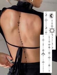 2 Sheets Sexy Line Style Body Art Back Waist Spine Painting Temporary Tattoo Stickers, Moon, Heart And Geometric Patterns.Waterproof Fake Tattoos,Lasting 2-5 Days,Can Be Applied To The Arms, Neck, Waist, Spine, And Legs. Perfect For Festivals, Weddings, Vacations, Party Gifts, Music Festivals, And Body Decoration. - Black - View 12