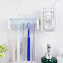 5 Slots Wall Mount Toothbrush Holder With Cover Self Adhesive Toothbrush Storage Organizer For Shower Toothbrush Hanger With Automatic Toothpaste Squeezer Dispenser - 白色+藍色組合 - 查看 3