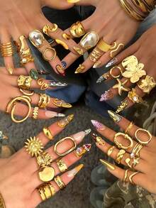 Bộ 12/10/7/6/5 chiếc nhẫn xếp chồng nhiều mảnh kiểu cổ điển, dày dặn/thanh lịch với nhiều họa tiết hoa, giọt nước, hạt tròn, ngọc trai giả, sao biển, xếp nếp, họa tiết hình học bất thường, lượn sóng, đan chéo, bện, nhiều lớp, rỗng tròn, trơn, kiểu kim loại tối giản, thiết kế lớn, thời trang, thanh lịch, cổ điển, tinh tế, thích hợp cho ngày lễ, tiệc tùng, hẹn hò, làm quà tặng, đeo hàng ngày. - Vàng - Xem 12