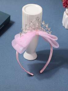 1pc Girls Fairy-Like Headband With Bowknot & Rhinestone Crown, Princess Headpiece - Pink - View 2
