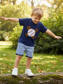 Toddler Baby Boy Summer Outfit Short Sleeve Embroidery Baseball Tops Plaid Shorts Cute Baseball Clothes Set, Toddler Baby Boy Baseball Outfit, Baseball Outfits For Baby Boys, Toddler Game Day Outfit - 海軍藍色 - 查看 2