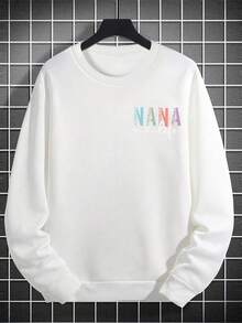 Casual Crew Neck Black Sweatshirt With Multicolor "NANA Life" Text, Silver Chain Necklace, Beige Pants - Stylish Men's Daily Wear Outfit With Confident Stance, Perfect For Streetwear & Everyday Looks - 白色 - 查看 1