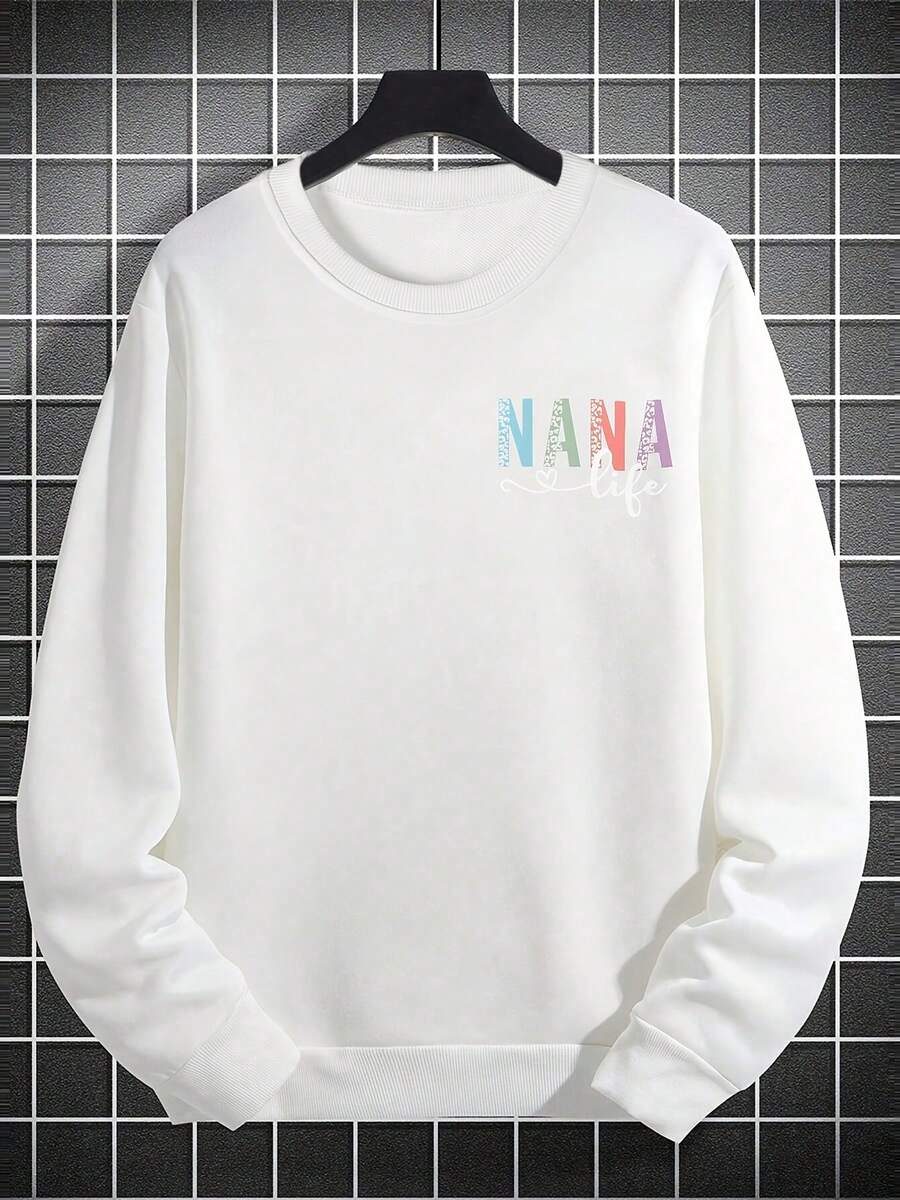 Casual Crew Neck Black Sweatshirt With Multicolor "NANA Life" Text, Silver Chain Necklace, Beige Pants - Stylish Men's Daily Wear Outfit With Confident Stance, Perfect For Streetwear & Everyday Looks - 白色 - 查看 1