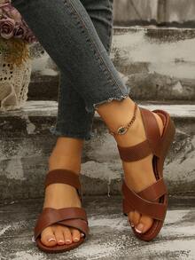 小众设计复古厚底坡跟女凉鞋，棕色交叉绑带舒适通勤鞋，波西米亚风度假风 - 棕色 - 查看 4