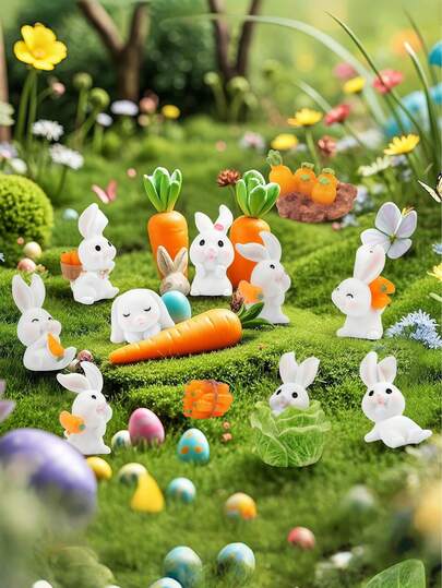 迷你复活节兔子摆件，迷你编织篮兔子摆件，仙境花园迷你DIY装饰，微景观装饰配件，适用于复活节装饰、桌面装饰、仙境花园家居装饰、厨房和蛋糕用品