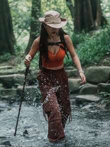 Quần Cargo gấu có thể điều chỉnh cho nữ, quần thiết kế dây rút thoải mái, thoáng khí, đa năng - Đỏ - Xem 2