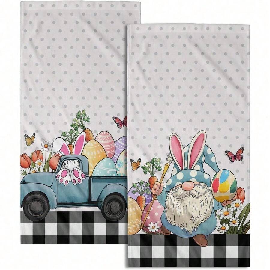 Black White Polka Dot Towels Set Of 2, Boho Polka Dot Hand Towels For Bathroom 14"X28" Vintage Doodle Towels Soft Absorbent Bathroom Hand Towel For Face, Gym, Spa, Kitchen - 復活節卡車小矮人彩蛋 - 查看 1