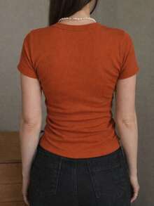 Women's Short-Sleeve Ribbed Long Sleeve Blouse - 亮橙色 - 查看 2