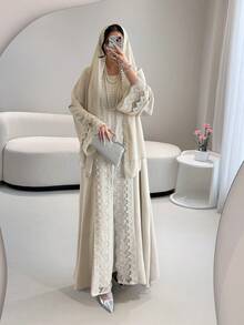 Abayas For Women,Open Abaya Set With Lace Trim, Sleeveless Inner Dress & Chiffon Headscarf - Lightweight, Modest & Breathable For Spring/Summer,Elegant Party Dresses For Women
