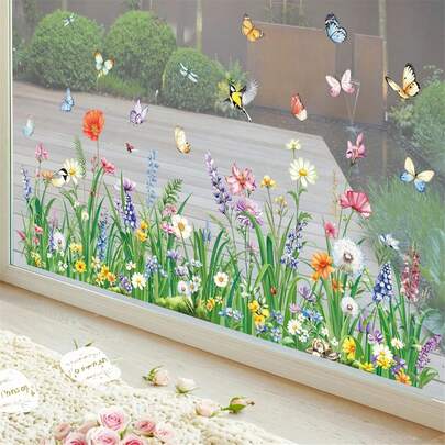 1 pièce Autocollants de fenêtre réversibles avec fleurs sauvages de printemps et papillons, décalcomanies électrostatiques réutilisables en PVC, convenant pour les portes et fenêtres en verre, les salons, les salles de classe, les salles de bain et la décoration intérieure de la maison.