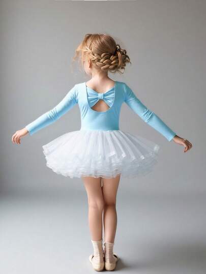 女童长袖薄纱裙，儿童芭蕾舞裙，蝴蝶后背镂空，舞蹈运动服