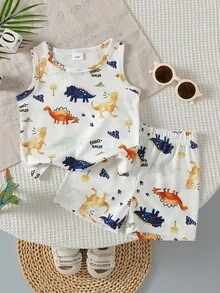 Baby Boy's Summer Casual 2Pcs Set: Dinosaur All-Over Print Sleeveless Top And Dinosaur Shorts - Multicolor - View 1