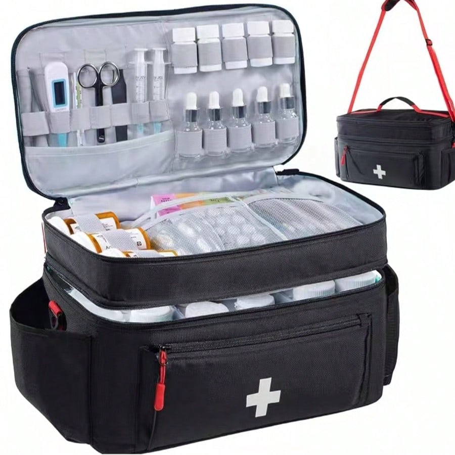 Large First Aid Kit With Shoulder Strap, Medicine Storage Box, Travel Emergency Kit For Car, Home, Office, Outdoor, Camping, Hiking (Only The Storage Bag, No Medicine Or Accessories Included) Medicine Bag Pill Box Pill Case Pill Containers Hospital Bag Medicine Organizer Medicine Storage Bag Portable Travel Essential Cruise Essentials Holiday Essential