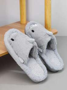 Men's Cartoon Shark Print Slippers, Solid Color Simple Open-Toe Fluffy House Slides, Autumn/Winter - Grey - View 4