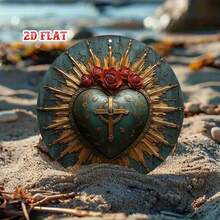 Religious Sacred Heart Round Aluminum Sign - 7.87" Rustic Roses Cross Decor, Home Cafe Wall Art - TYA20767-20x20 cm - 查看 2