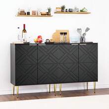 Gabinete de almacenamiento de 2 niveles con patas de metal, gabinete de acento moderno blanco con 2 puertas decorativas de patrón en relieve, gabinete de buffet de aparador para cocina, comedor, sala de estar - Negro - Ver 8