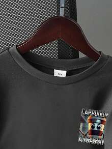 Camiseta de manga corta informal con estampado de letras y dibujos animados para niños preadolescentes, verano - Gris Oscuro - Ver 4