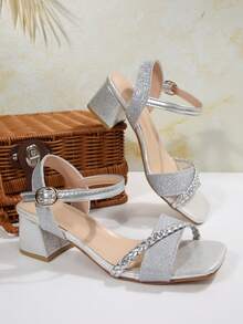5cm Thick Heel Glitter Criss-Cross Strap High Heel Sandals, Fashionable & Elegant - Silver - View 7