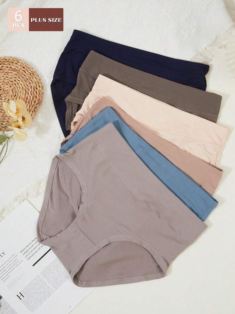 6件/包加大码女式高腰纯色弹力舒适比基尼内裤