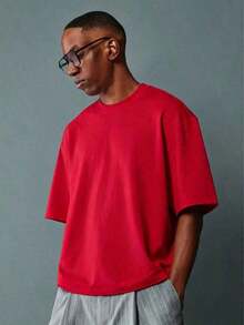 Oversized Boxy Cut Short Sleeve Jersey T Shirt Casual Crop Fit Streetwear Modern Minimalist All Season Essential Top-Comfortable Retro Cotton T-Shirt-K912026 New Men's Spring/Summer Casual Resort Wear Versatile Pure Cotton T-Shirt - 紅色 - 查看 6