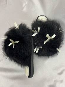 1双女士毛绒蝴蝶结装饰黑色绒面拖鞋，保暖室内/室外皆可穿着，厚底，秋冬季 - 黑色 - 查看 5