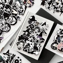 52 pièces Autocollants de sorcière noir et blanc pour valise, planche à roulettes, téléphone, vélo, autocollants imperméables DIY - Multicolore - Voir 6