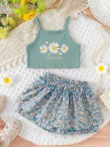 1 Set Baby Girls' Fresh & Cute Daisy Print Camisole Outfit, Lightweight Ribbed Texture Double Ruffle Hem Pants Skirt 2-Piece Set, Soft & Sweet Casual Outfit For Summer - Mint Green - View 6