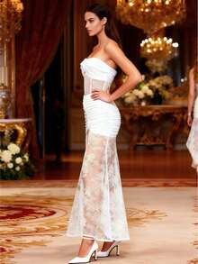 UNITHORSE Sleeveless Waist Cinching Mesh Elegant Evening Dress - White - View 3